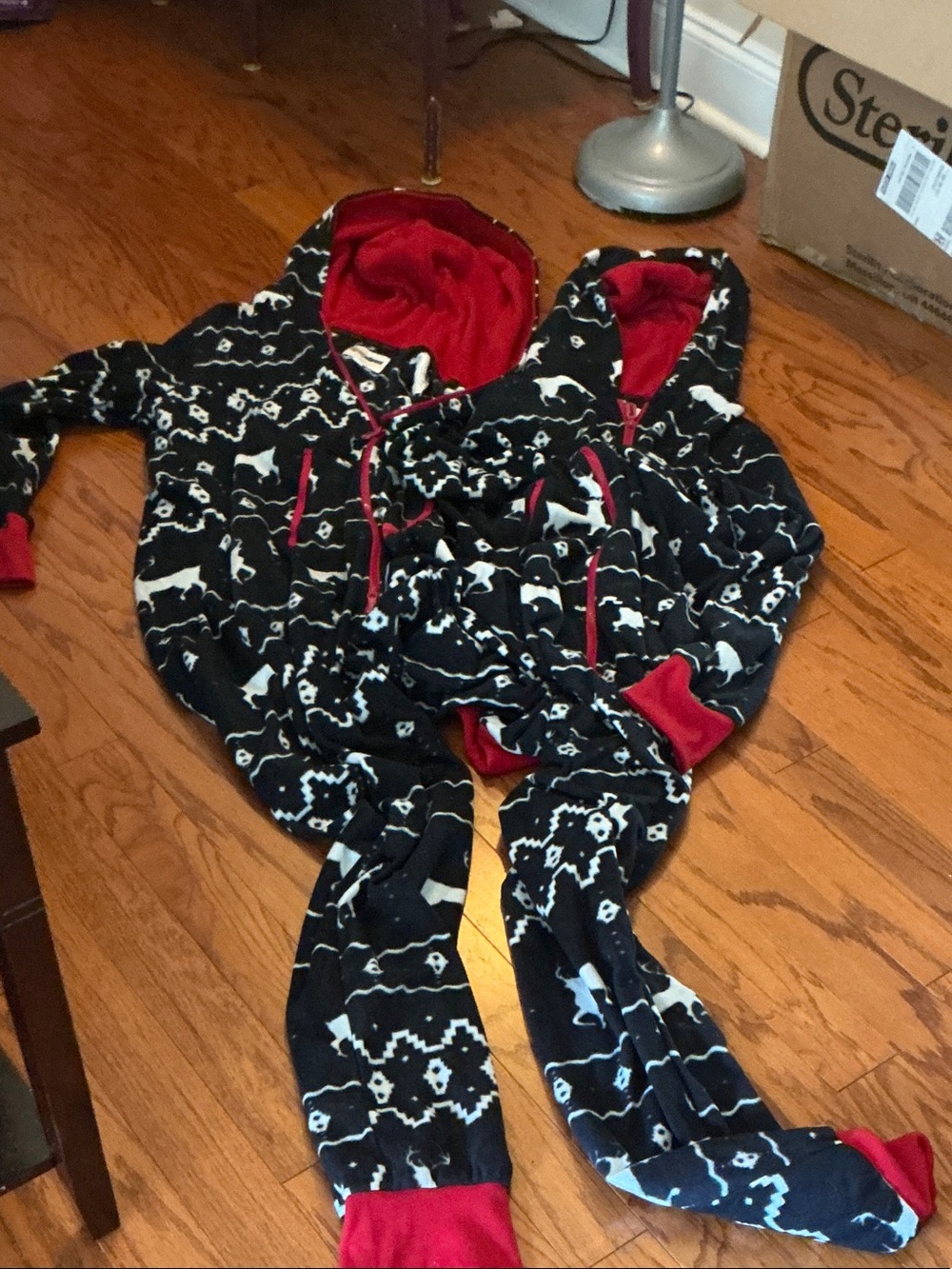 Tipsy Elves Blue and Red Hooded 2 person Pajama Set with White Dog Print.
